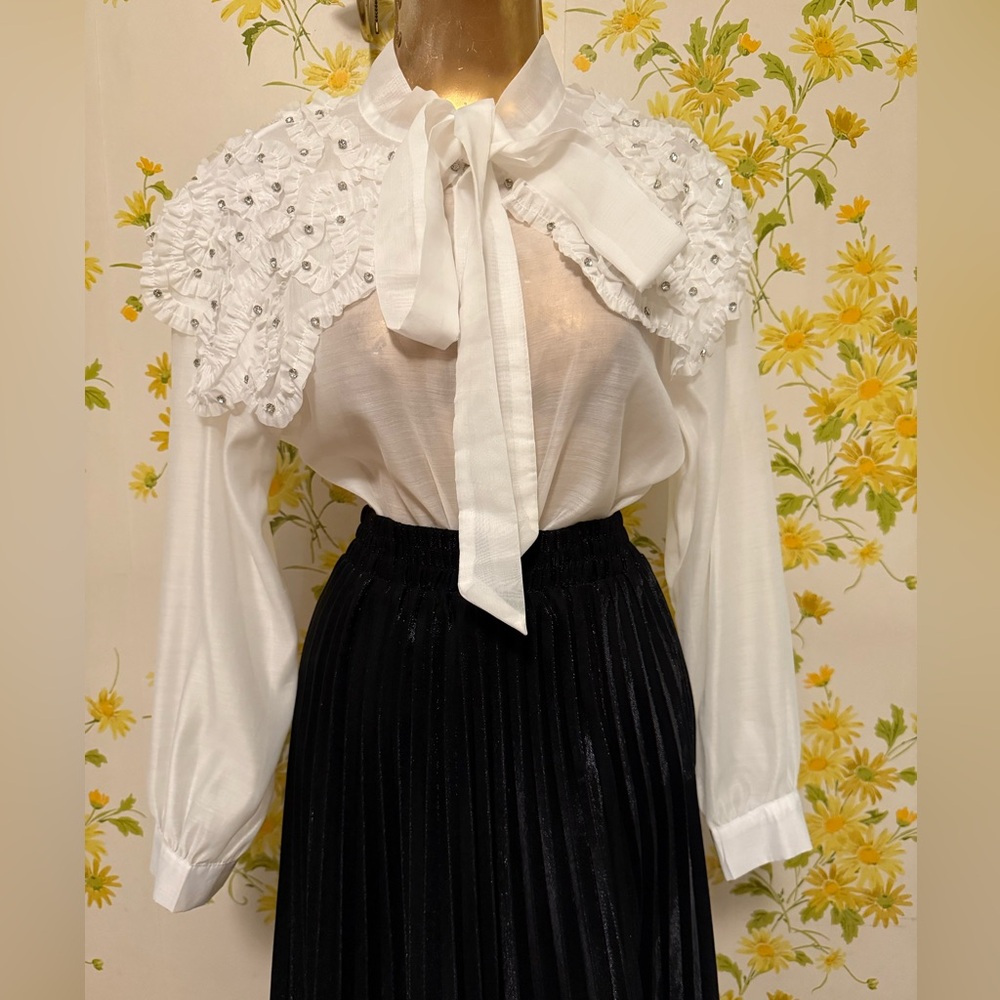 White Oversized Blouse with rhinestones Bib Collar and Tie Front